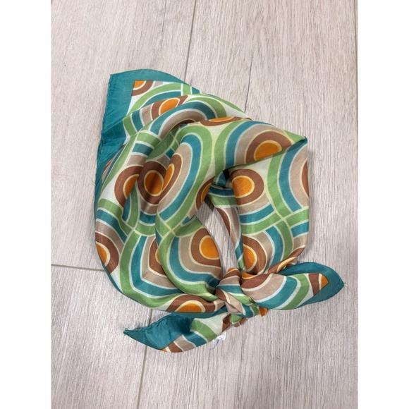 Accessories - Vintage 70s Geometric Target Print Square Scarf Teal Orange Acetate Made Japan